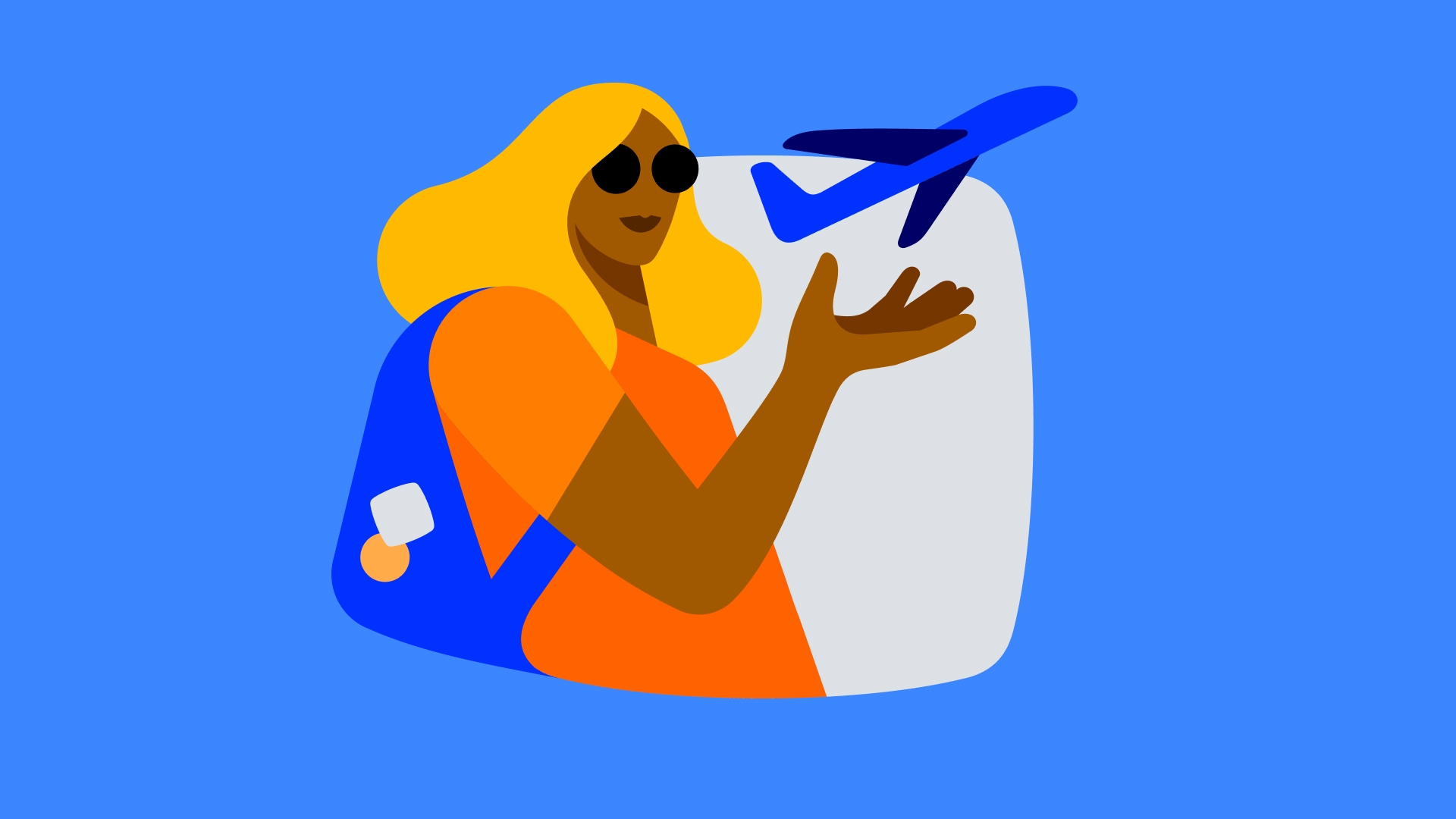 Image of an illustration with a blue background and a woman wearing an orange t-shirt and a blue backpack with her hand turned upwards trying to hold an airplane.