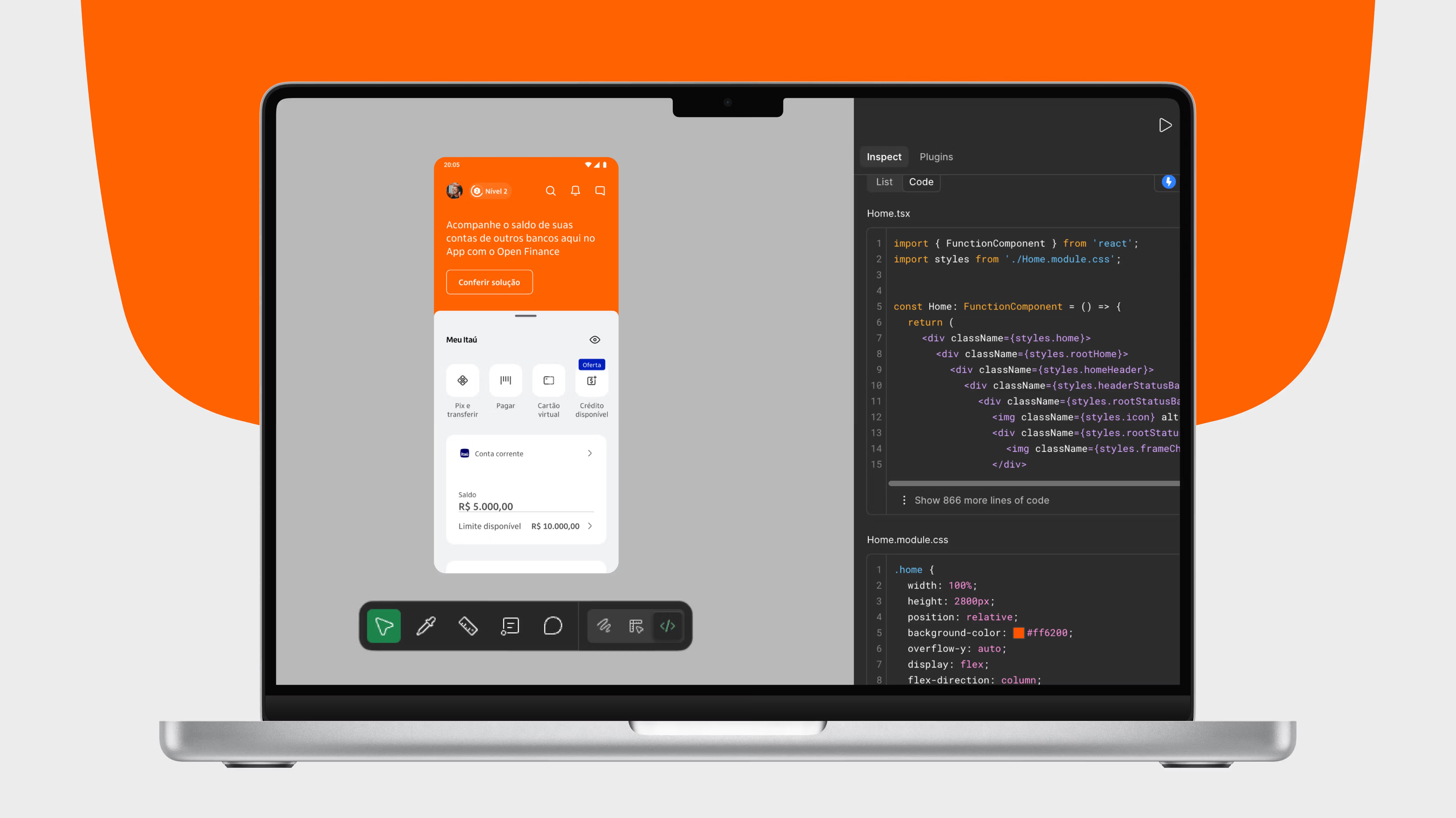 Image of a notebook mockup with a Figma screen in dev mode functionality, showing a prototype phone screen being inspected by dev mode.