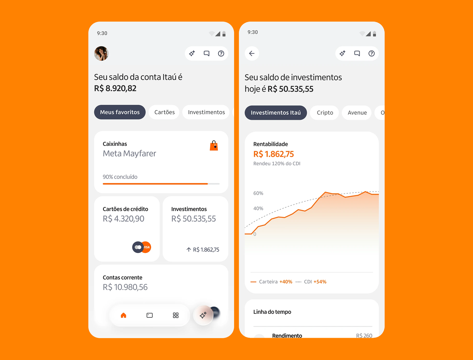 Two mobile prototypes of a banking app showing values, cards, and a graph.